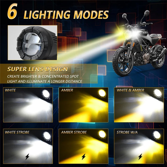 SK2 2Pcs 6 Modes Dual Lens Motorcycle LED Spotlight High Low Beam Headlight with Control Wire Kit - 4