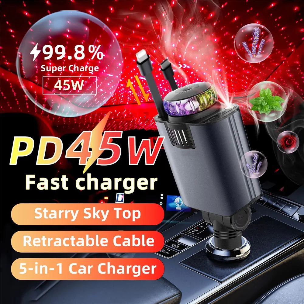 D1 Red Light Multifunction PD 45W Car Charger with iP  /  Type C Retractable Cable Star Projector Aromatherapy Diffuser - 3