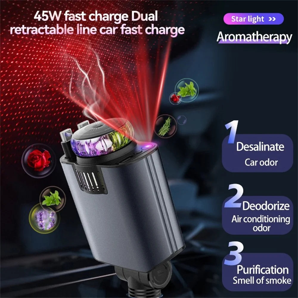 D1 Red Light Multifunction PD 45W Car Charger with iP  /  Type C Retractable Cable Star Projector Aromatherapy Diffuser - 7