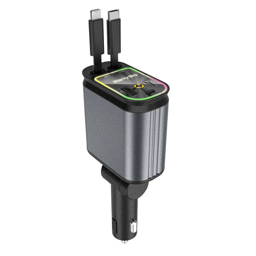 Multifunctional 4 in 1 Voltage Display Car Charger with Dual Retractable Cables Star Projector - iP + Type C - 1