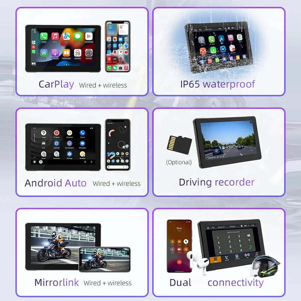 B5351 7 Inch HD IPS Screen Waterproof Motorcycle Dash Cam Dual Bluetooth-compatible CarPlay MP5 Player for Android iOS - 2