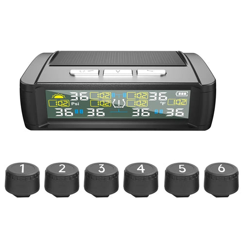 T11 Solar Powered TPMS Tire Pressure Monitor Support 144 PSI Tire Temperature Alarm System with 6 External Sensors - 1