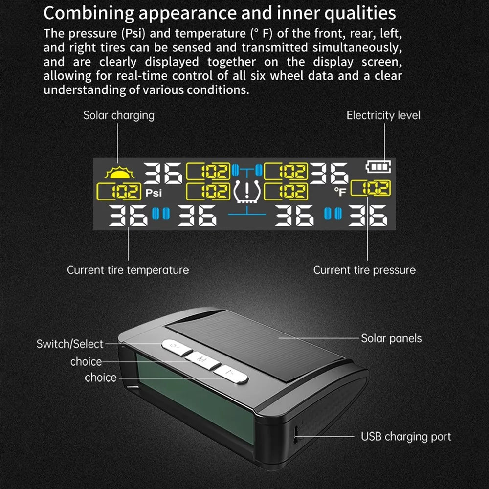 T11 Solar Powered TPMS Tire Pressure Monitor Support 144 PSI Tire Temperature Alarm System with 6 External Sensors - 4