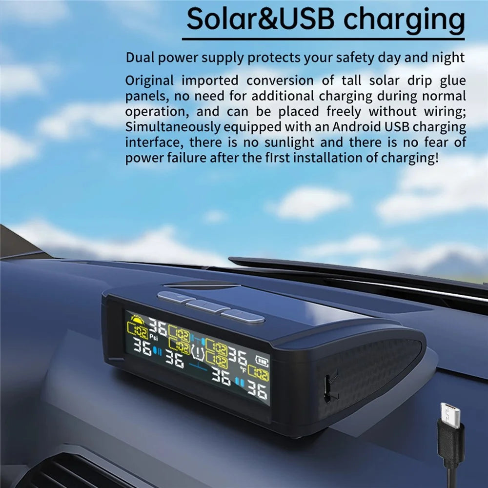 T11 Solar Powered TPMS Tire Pressure Monitor Support 144 PSI Tire Temperature Alarm System with 6 External Sensors - 6