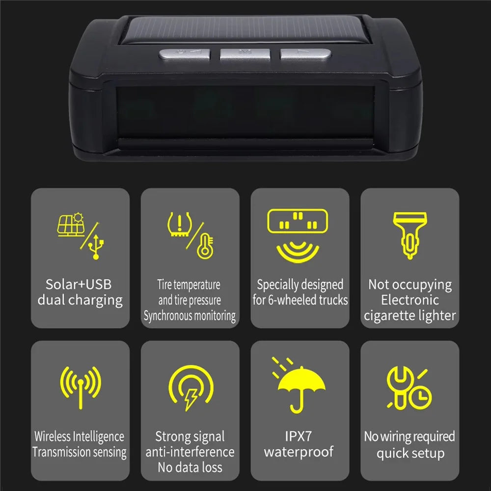 T11 Solar Powered TPMS Tire Pressure Monitor Support 144 PSI Tire Temperature Alarm System with 6 External Sensors - 7