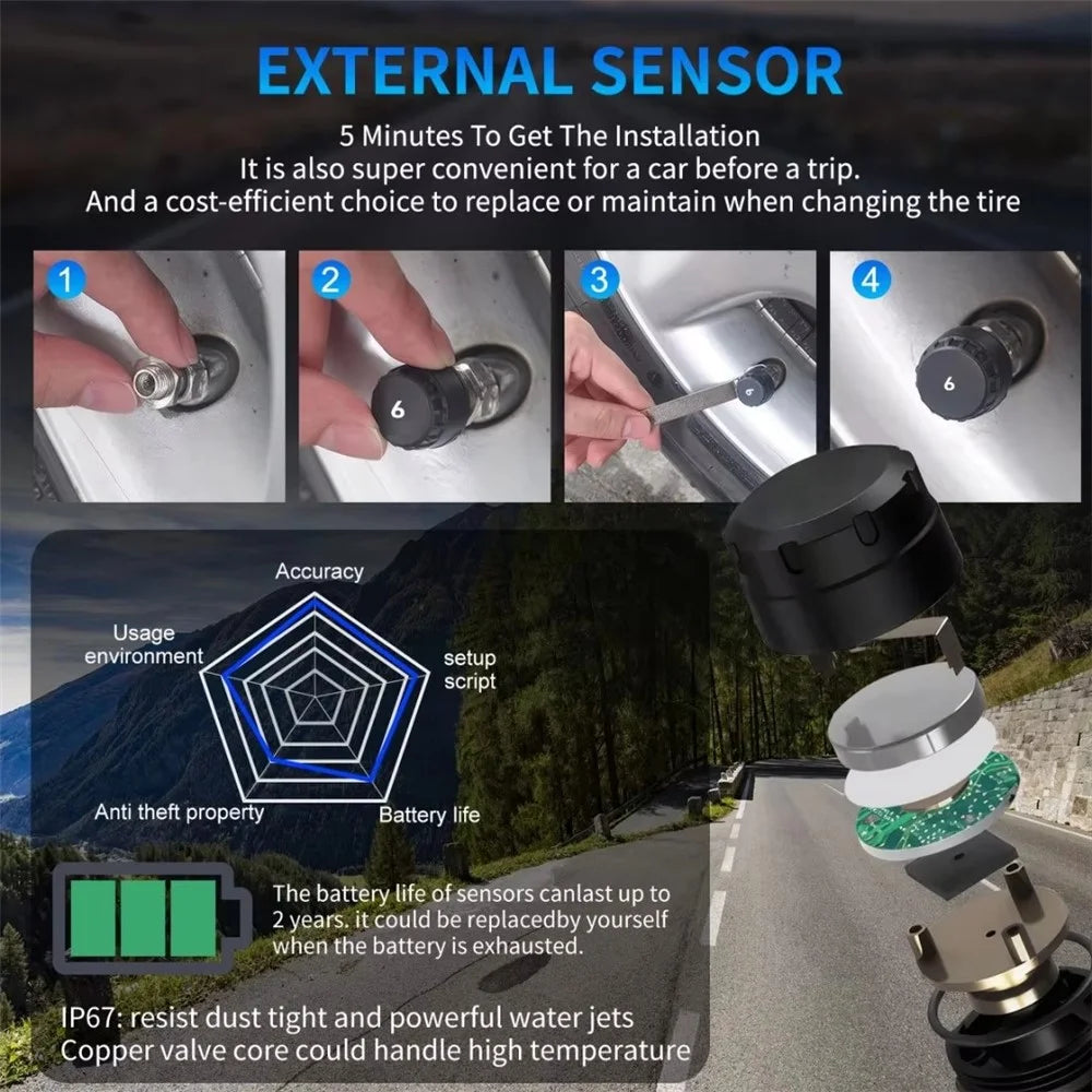T12 6 Tires TPMS for RV Truck 0-144 PSI Car Tire Pressure Monitoring System, with 6 External Sensors - 4