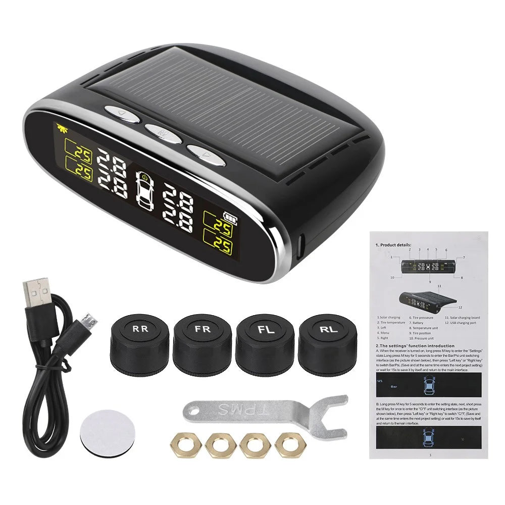 TY07 Solar Powered TPMS Wireless Car Tire Pressure Monitoring System with 4 External Sensors - 1