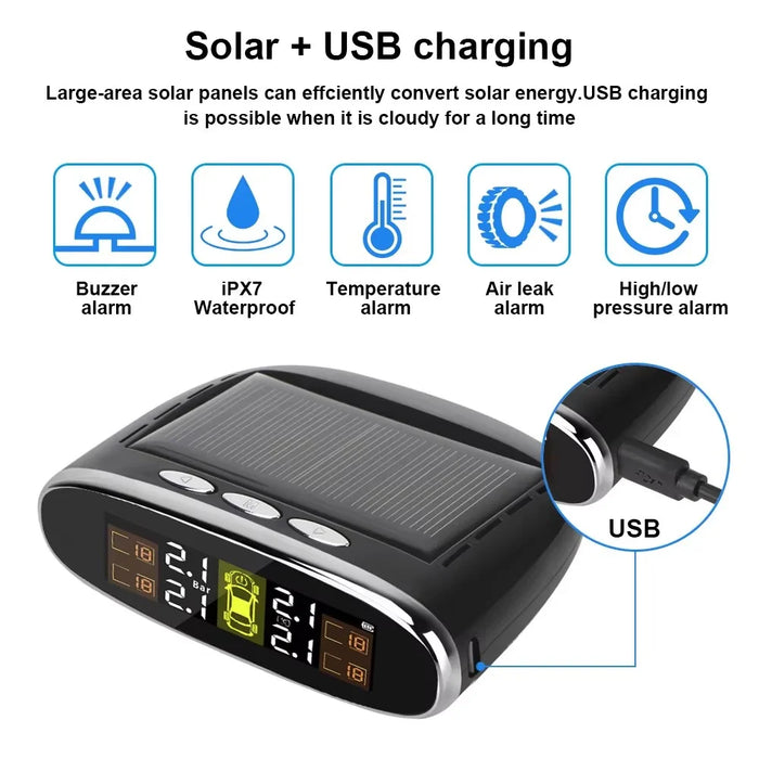 TY07 Solar Powered TPMS Wireless Car Tire Pressure Monitoring System with 4 External Sensors - 2