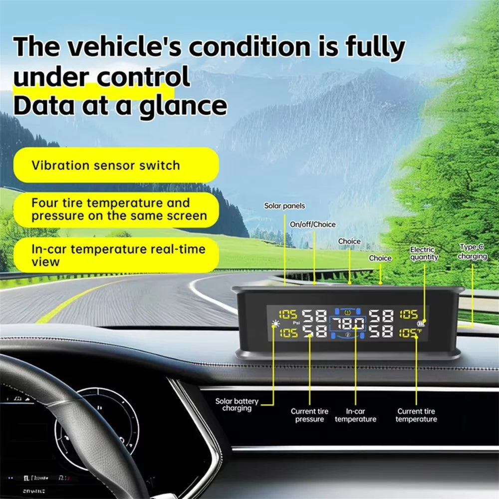 T15 Solar TPMS Car Tire Pressure Cabin Temperature Monitoring System with 4 External Sensors - 7