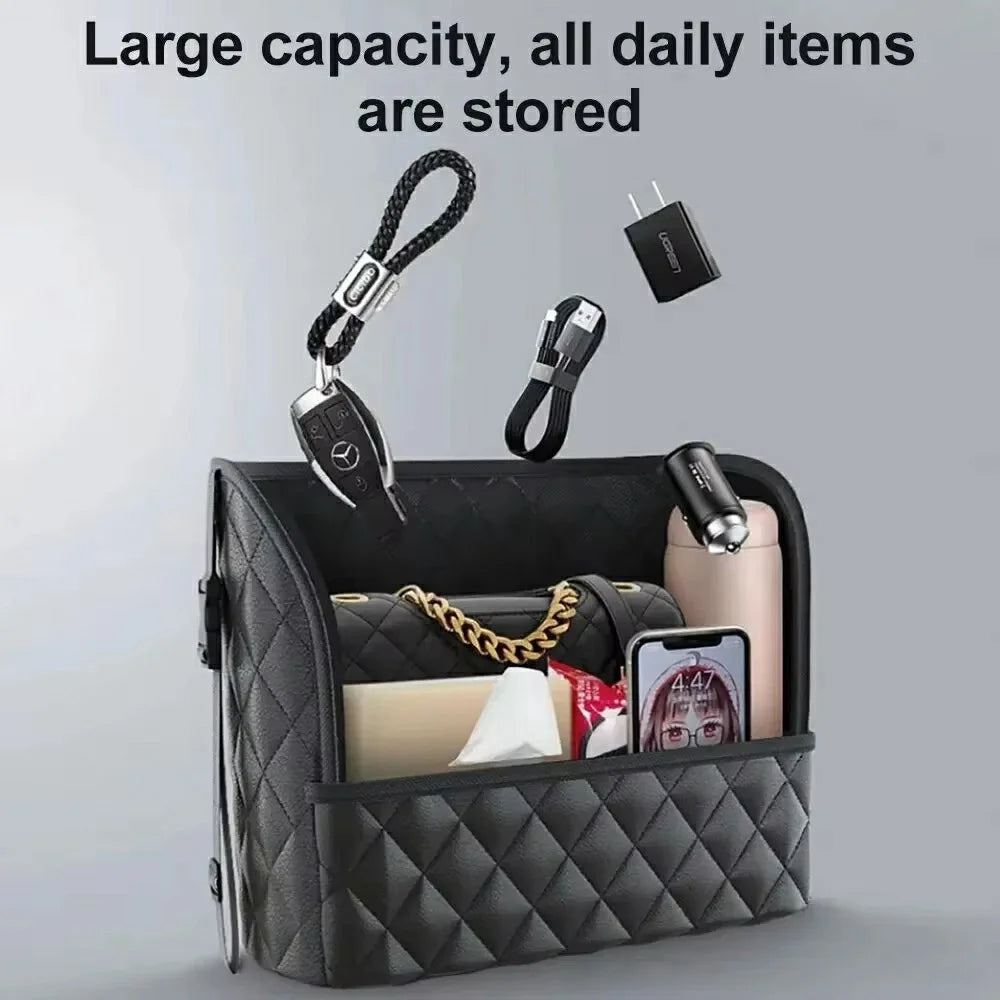 Dual Pocket Design Car Seat Storage Bag Embroidery PU Leather Hanging Organizer Between Back Seats - 4