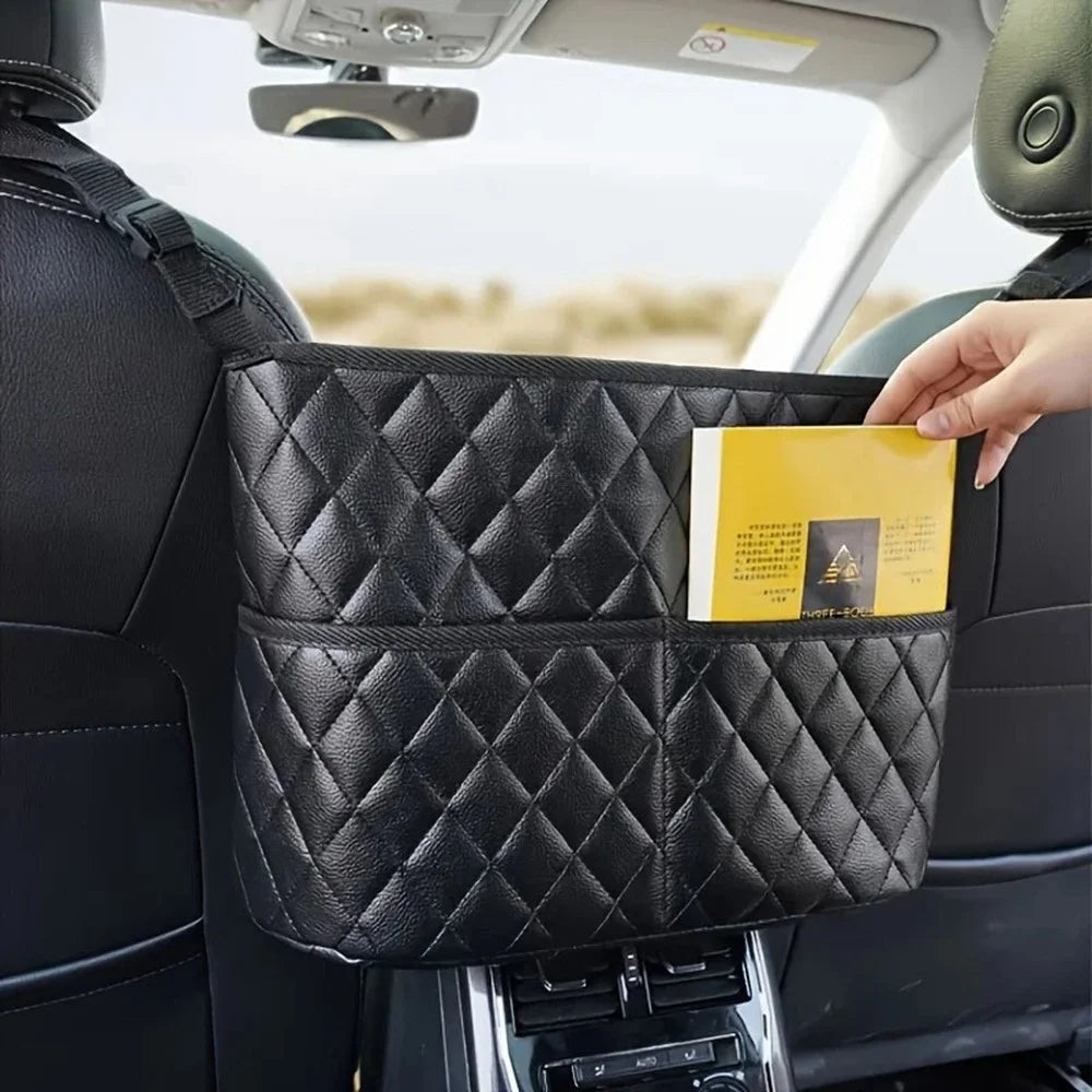 Dual Pocket Design Car Seat Storage Bag Embroidery PU Leather Hanging Organizer Between Back Seats - 5
