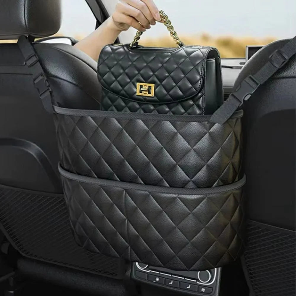 Dual Pocket Design Car Seat Storage Bag Embroidery PU Leather Hanging Organizer Between Back Seats - 6