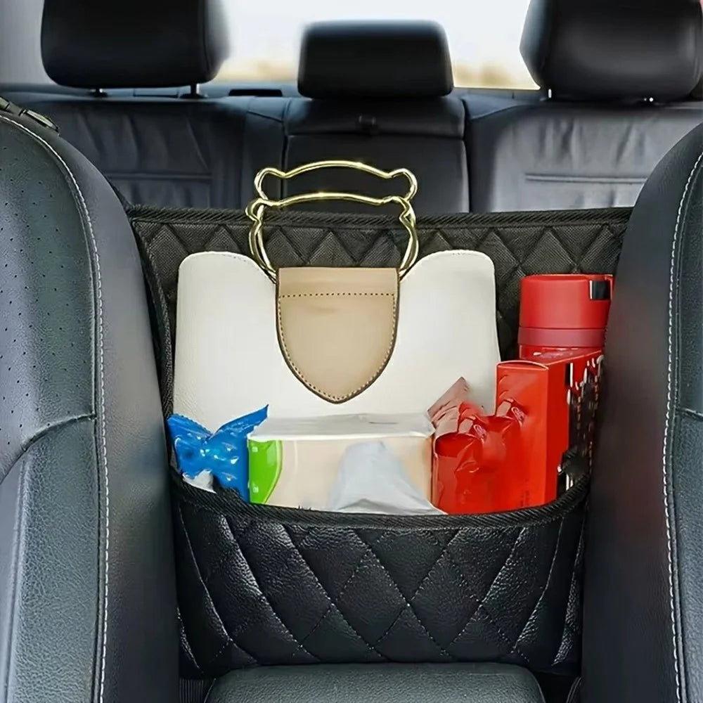 Dual Pocket Design Car Seat Storage Bag Embroidery PU Leather Hanging Organizer Between Back Seats - 7