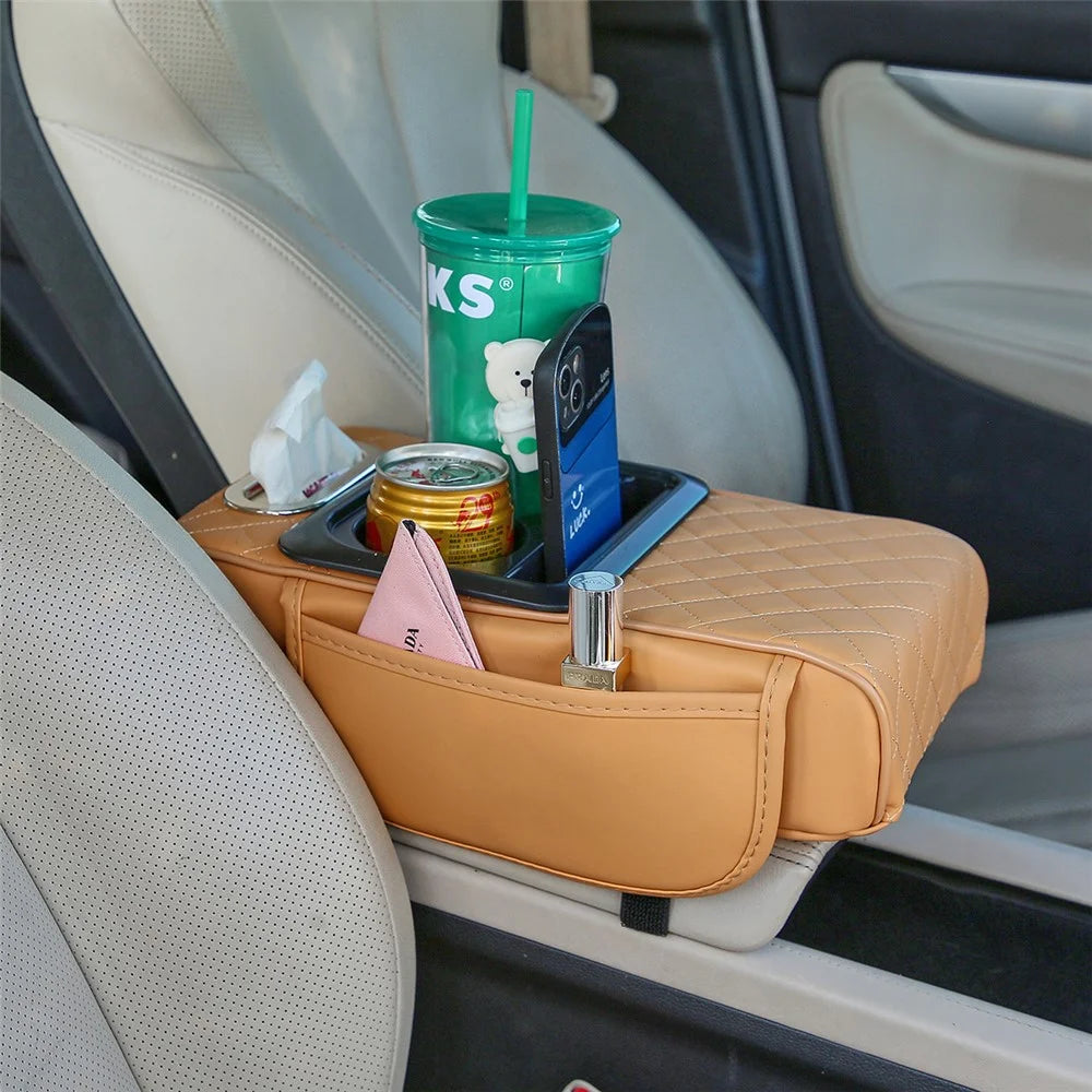 Universal Car Armrest Pad Storage Organizer PU Leather Tissue Box Central Cup Holder - Yellow - 1