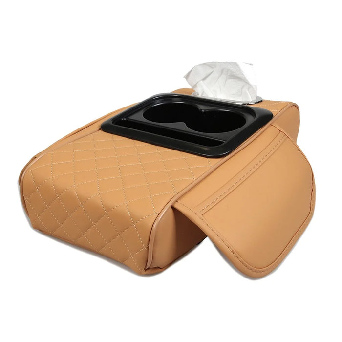 Universal Car Armrest Pad Storage Organizer PU Leather Tissue Box Central Cup Holder - Yellow - 2