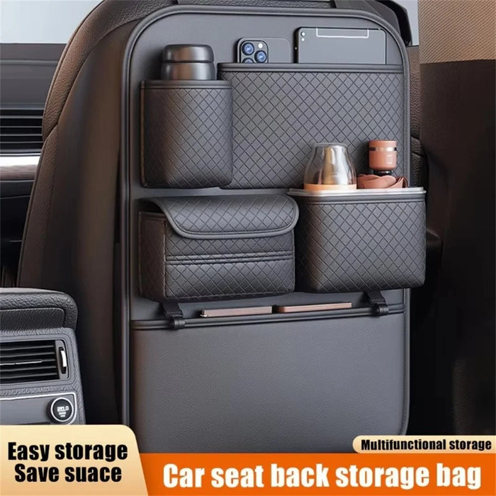 Car Seat Back Organizer Rhombus Texture PU Leather Multi-Pocket Storage Bag for Water Bottle  /  Umbrella Holder - 2