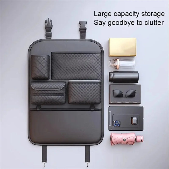 Car Seat Back Organizer Rhombus Texture PU Leather Multi-Pocket Storage Bag for Water Bottle  /  Umbrella Holder - 5