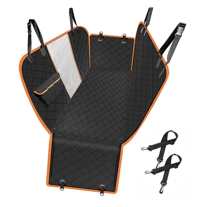 600D Oxford Fabric Pet Car Seat Cover for Back Seat Waterproof Dog Hammock with Visual Mesh Window, Black+Orange - 2