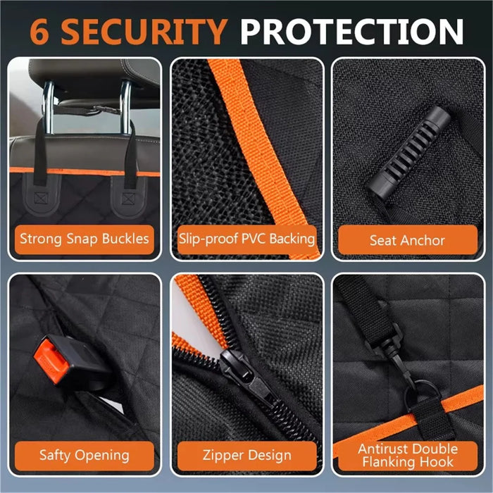 600D Oxford Fabric Pet Car Seat Cover for Back Seat Waterproof Dog Hammock with Visual Mesh Window, Black+Orange - 7