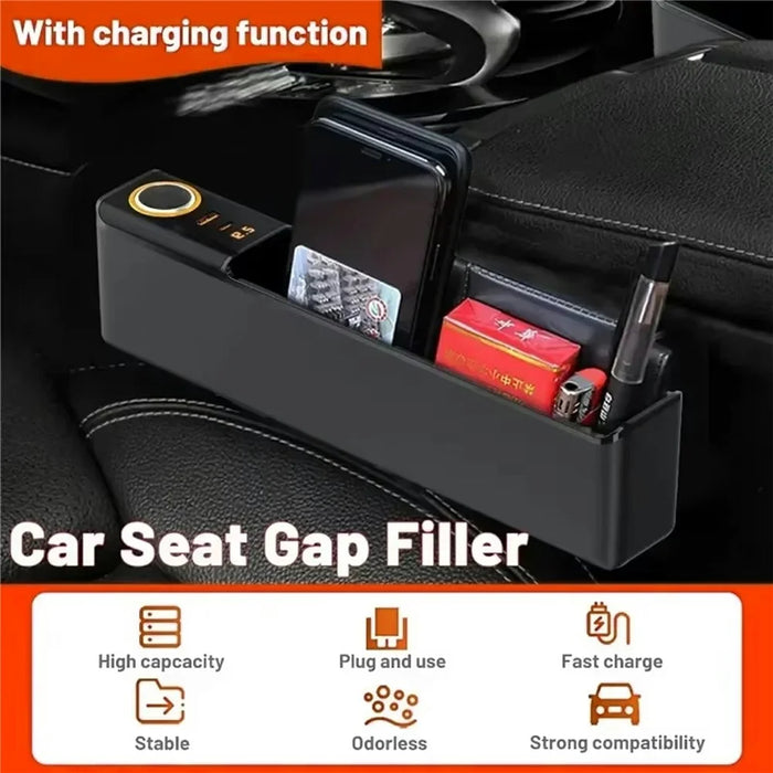 Car Seat Gap Filler Organizer with USB-A + USB-C Fast Charging Ports Multifunctional Storage Box - Black - 2