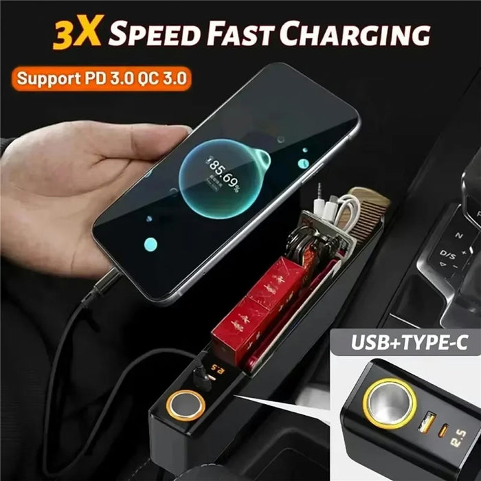 Car Seat Gap Filler Organizer with USB-A + USB-C Fast Charging Ports Multifunctional Storage Box - Black - 5
