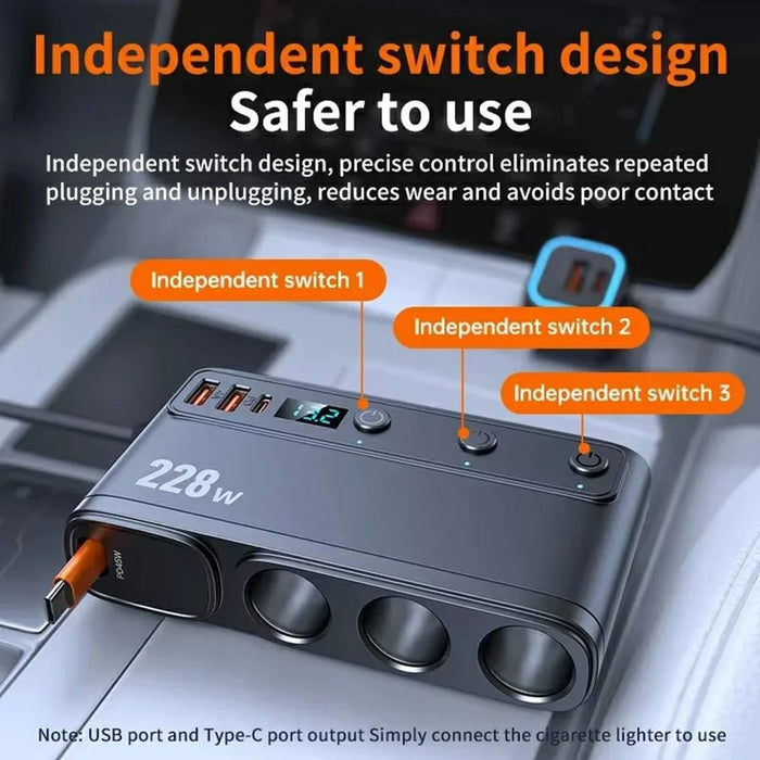 228W 9 in 1 Car Charger Fast Charging Adapter Cigarette Lighter Splitter with Independent Switch - 6