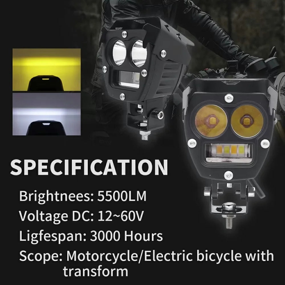 3800lm High Power Motorcycle Auxiliary Spotlight IP67 Waterproof Dual Color High Low Beam Headlight - 3