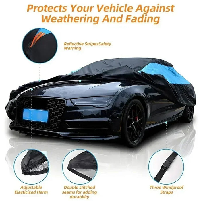 Waterproof Outdoor Car Cover for Sedan SUV Hatchback UV Protection Cover with Reflective Strips, Black+Blue - 3L (4.4-4.6m) - 7