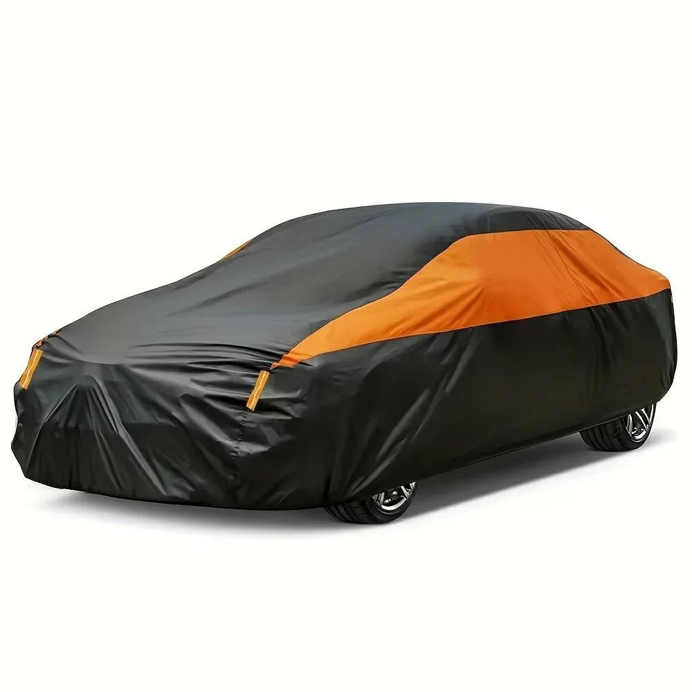 Waterproof Outdoor Car Cover for Sedan SUV Hatchback UV Protection Cover with Reflective Strips, Black+Orange - 3L (4.4-4.6m) - 1