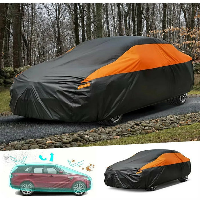 Waterproof Outdoor Car Cover for Sedan SUV Hatchback UV Protection Cover with Reflective Strips, Black+Orange - 3L (4.4-4.6m) - 3