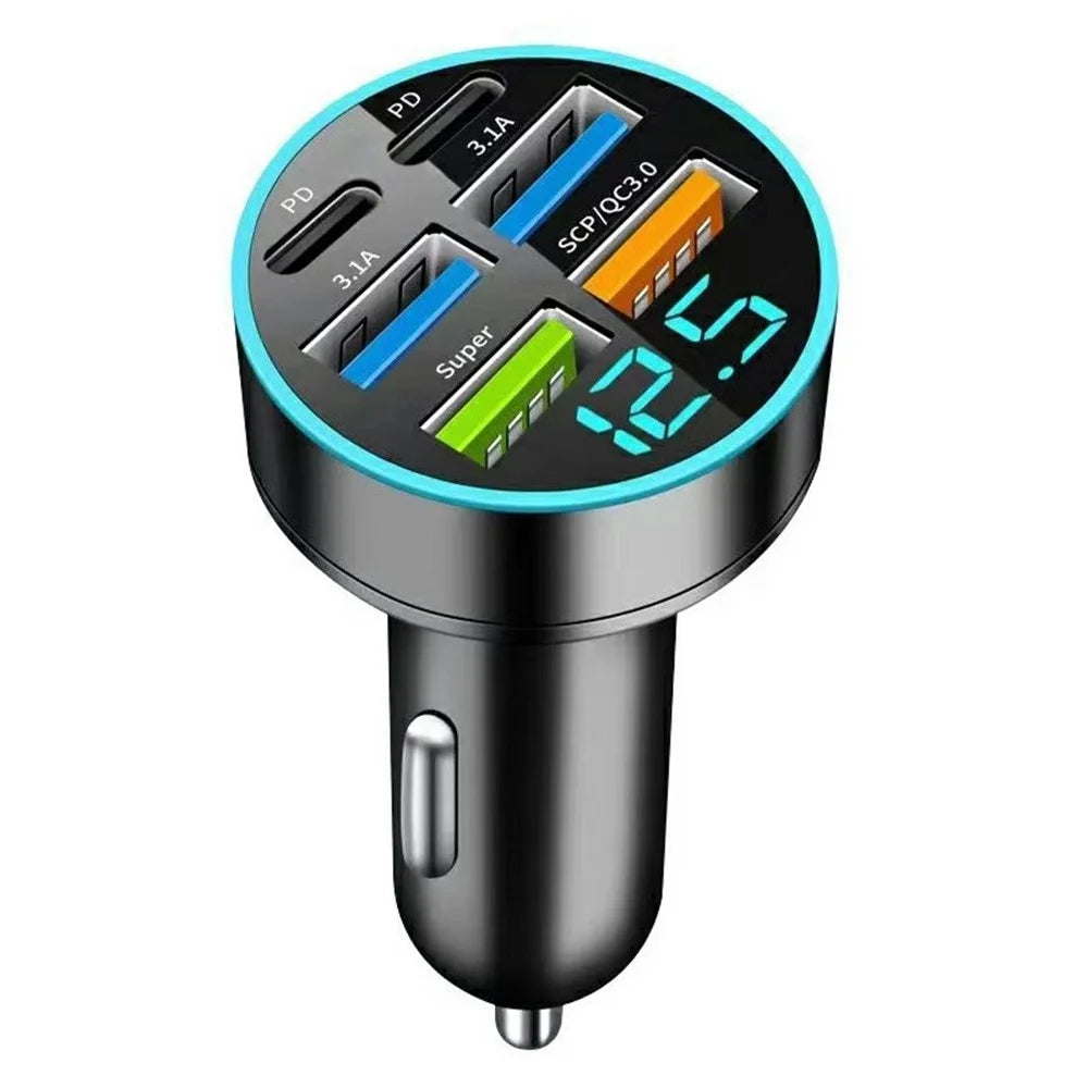 100W High Power 6-Port Car Charger PD QC3.0 Fast Charging Adapter with Voltage Display - 1