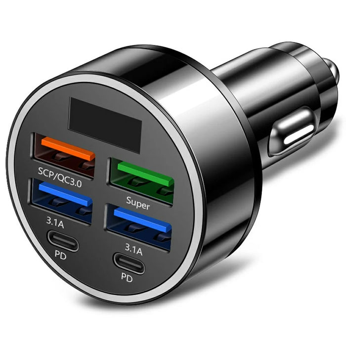 100W High Power 6-Port Car Charger PD QC3.0 Fast Charging Adapter with Voltage Display - 2