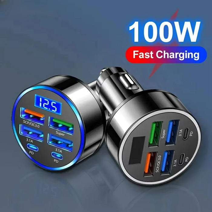 100W High Power 6-Port Car Charger PD QC3.0 Fast Charging Adapter with Voltage Display - 3