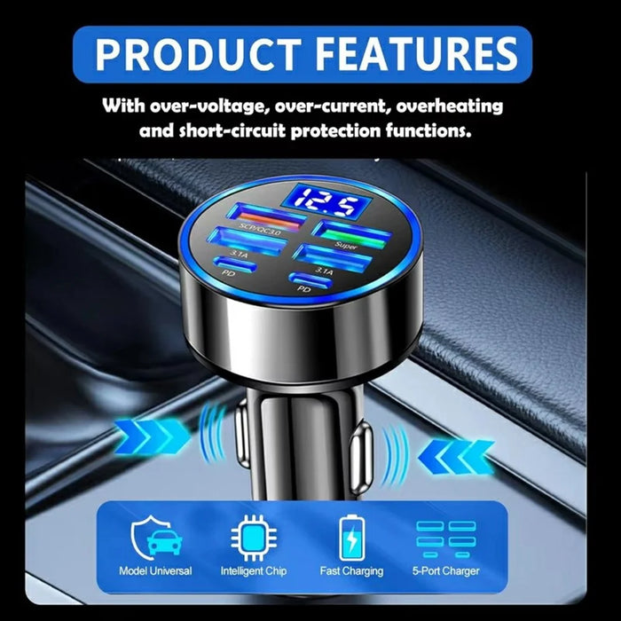 100W High Power 6-Port Car Charger PD QC3.0 Fast Charging Adapter with Voltage Display - 4