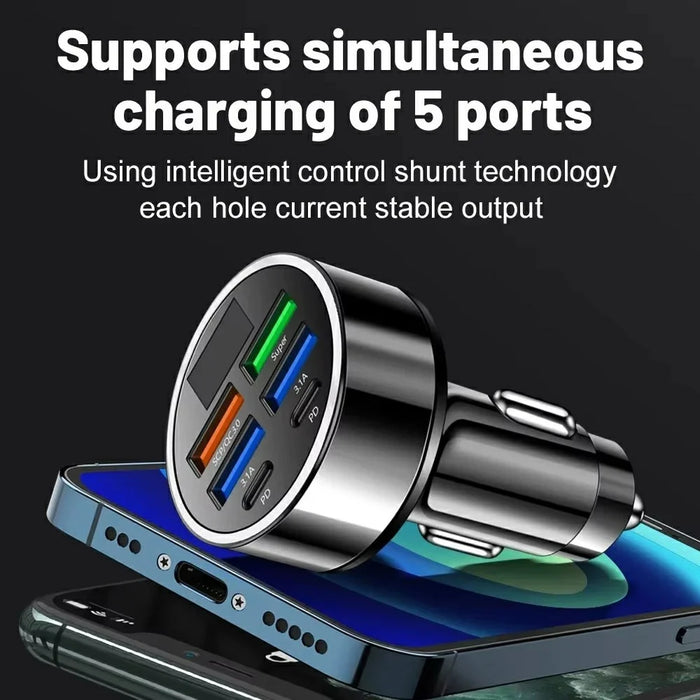100W High Power 6-Port Car Charger PD QC3.0 Fast Charging Adapter with Voltage Display - 5