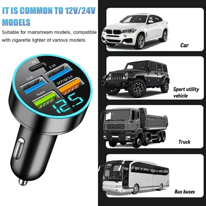 100W High Power 6-Port Car Charger PD QC3.0 Fast Charging Adapter with Voltage Display - 6