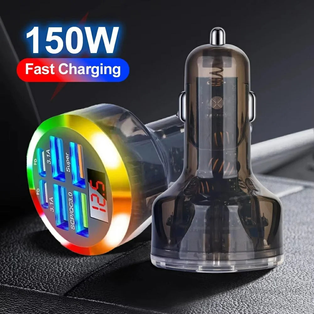Portable 6-Port Car Charger 150W Fast Charger with Voltage Display PD QC3.0 Fast Charging Adapter - 3