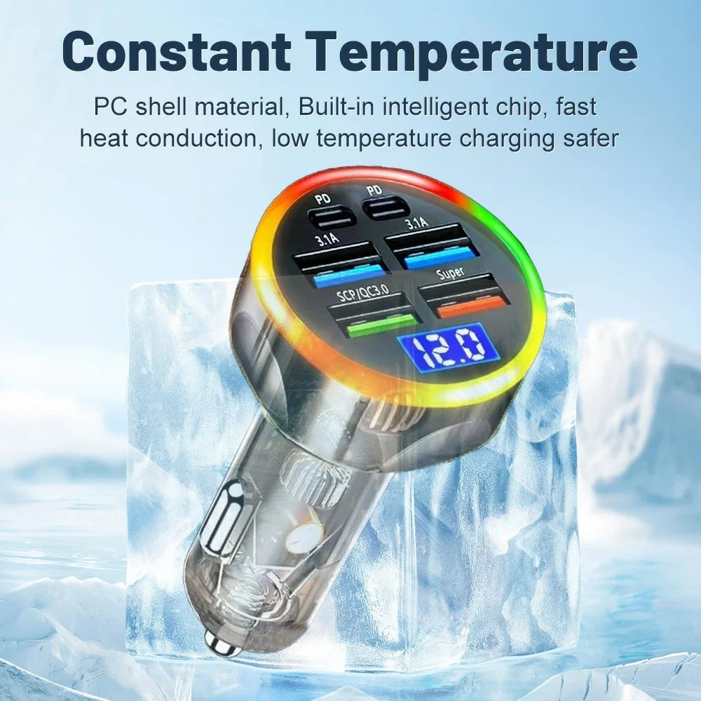 Portable 6-Port Car Charger 150W Fast Charger with Voltage Display PD QC3.0 Fast Charging Adapter - 7