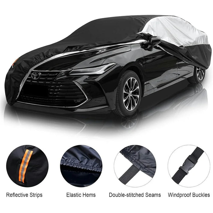 Waterproof Outdoor Car Cover for Sedan SUV Hatchback UV Protection Cover with Reflective Strips, Black+Silver - 3L (4.4-4.6m) - 4
