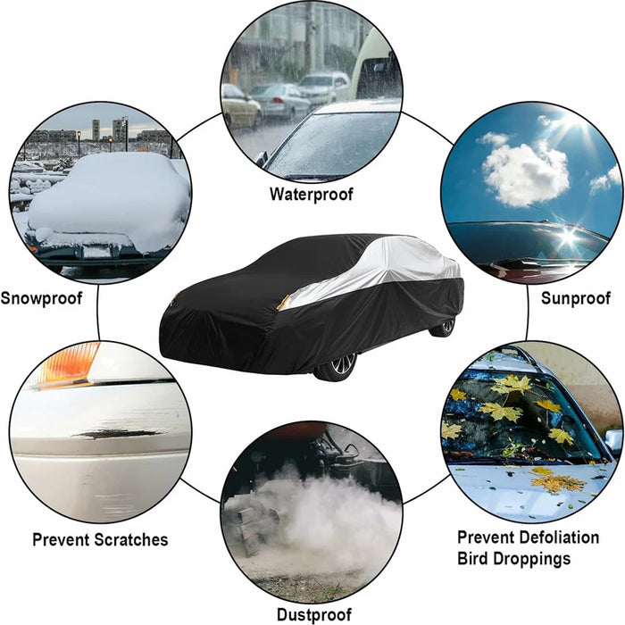 Waterproof Outdoor Car Cover for Sedan SUV Hatchback UV Protection Cover with Reflective Strips, Black+Silver - 3L (4.4-4.6m) - 5