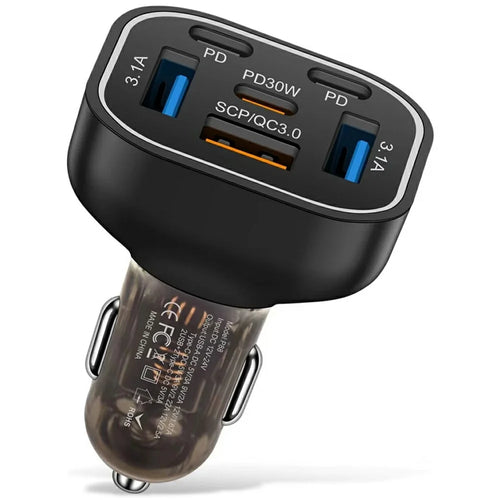 63W 6-Port Car Charger Portable 3 USB + 3 PD Fast Charging Adapter with Colorful LED Light - 1