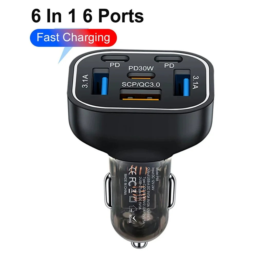 63W 6-Port Car Charger Portable 3 USB + 3 PD Fast Charging Adapter with Colorful LED Light - 2