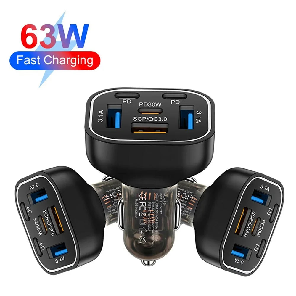 63W 6-Port Car Charger Portable 3 USB + 3 PD Fast Charging Adapter with Colorful LED Light - 3