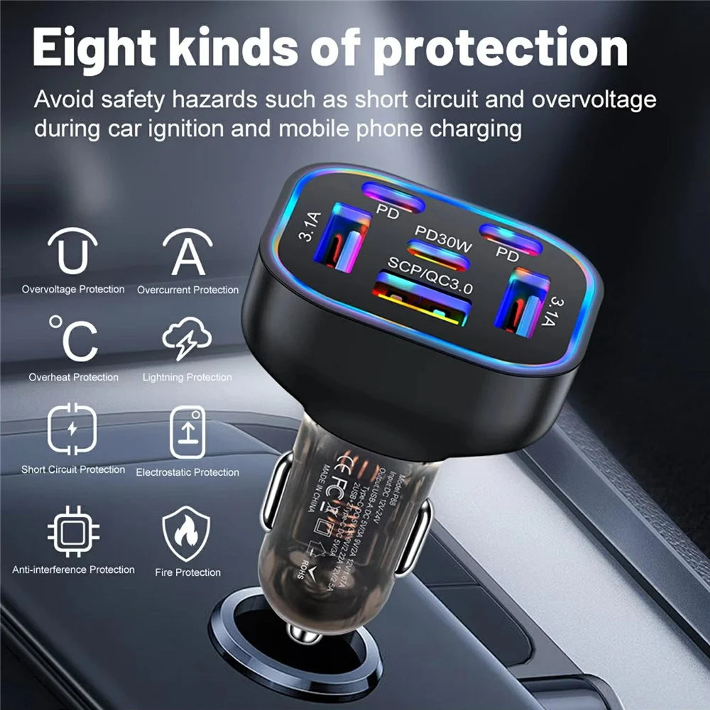 63W 6-Port Car Charger Portable 3 USB + 3 PD Fast Charging Adapter with Colorful LED Light - 4