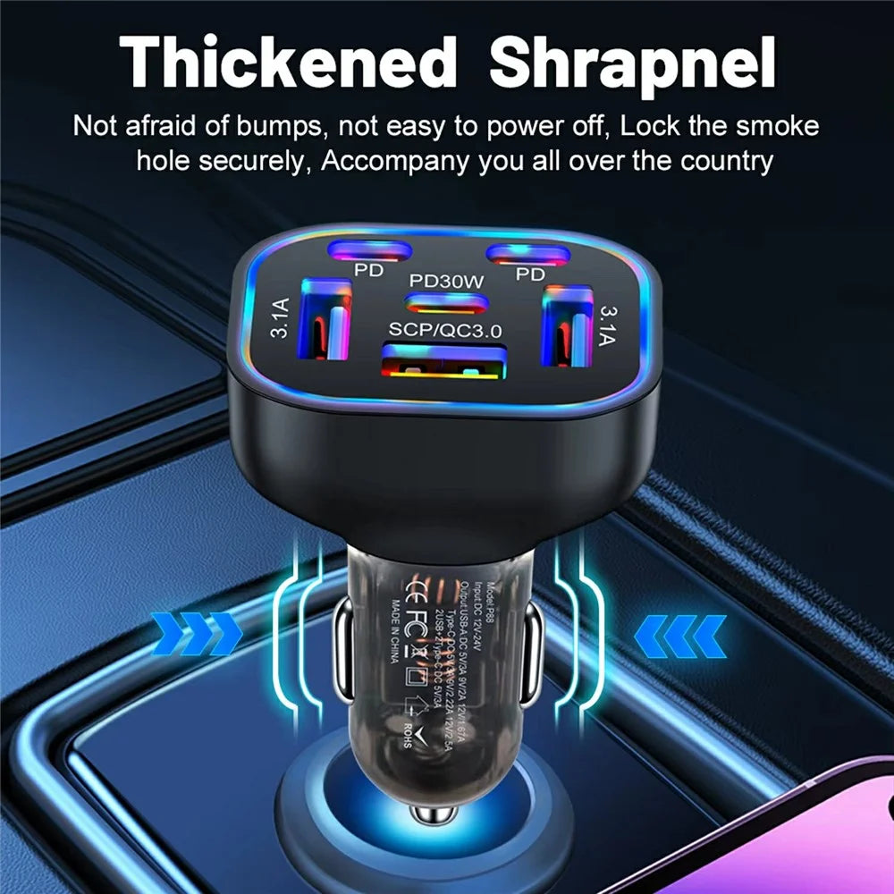 63W 6-Port Car Charger Portable 3 USB + 3 PD Fast Charging Adapter with Colorful LED Light - 5