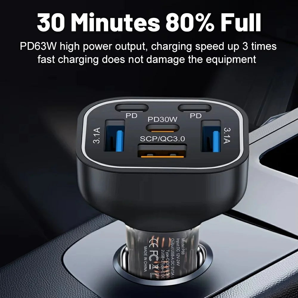 63W 6-Port Car Charger Portable 3 USB + 3 PD Fast Charging Adapter with Colorful LED Light - 6