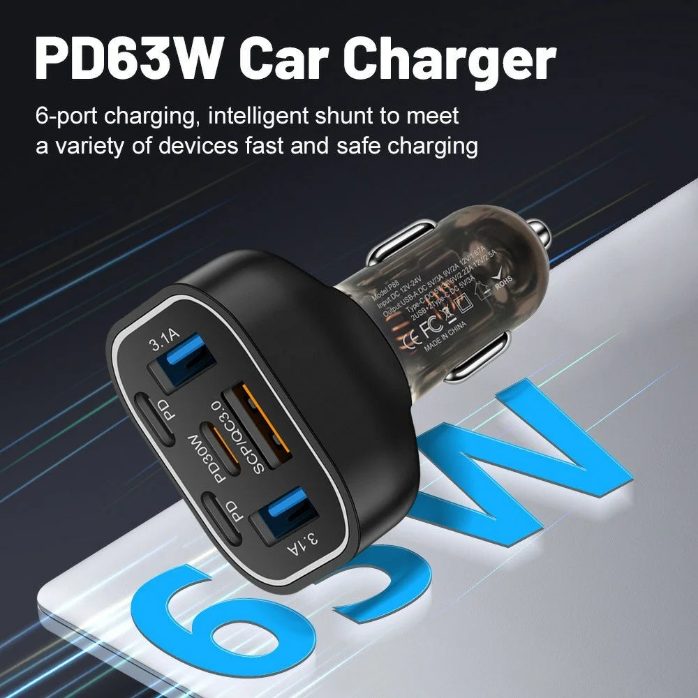 63W 6-Port Car Charger Portable 3 USB + 3 PD Fast Charging Adapter with Colorful LED Light - 7