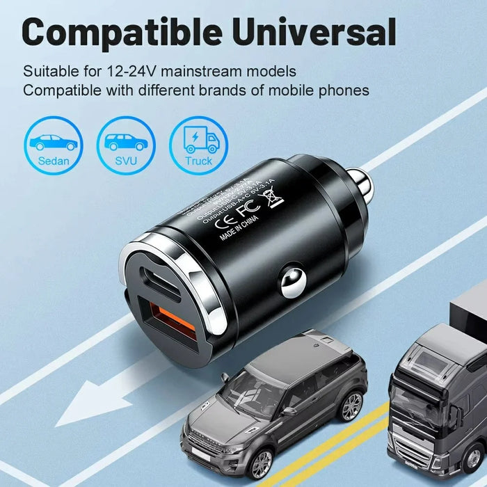 P90 3.1A 30W Fast Car Charger QC3.0 Type-C + PD USB Dual Port Charging Adapter with Pull Ring - 2