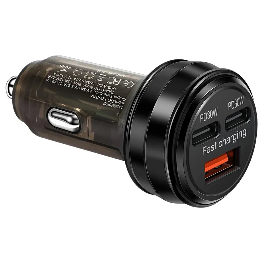 80W Car Charger 3 Ports USB + PD Type C Fast Charging Portable Cigarette Lighter Adapter - Black - 1