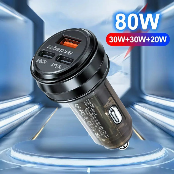 80W Car Charger 3 Ports USB + PD Type C Fast Charging Portable Cigarette Lighter Adapter - Black - 2